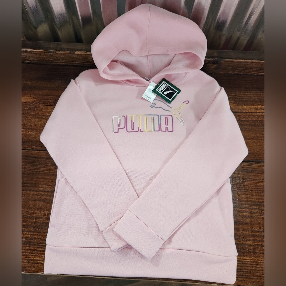 NWT Puma Pullover Hooded Sweatshirt Girls Size Large 14 Pink Hoodie